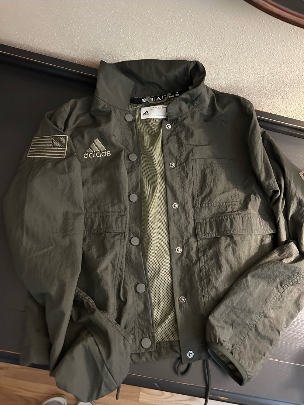 RARE Adidas Womens Cropped Olive Green Lightweight Military Jacket